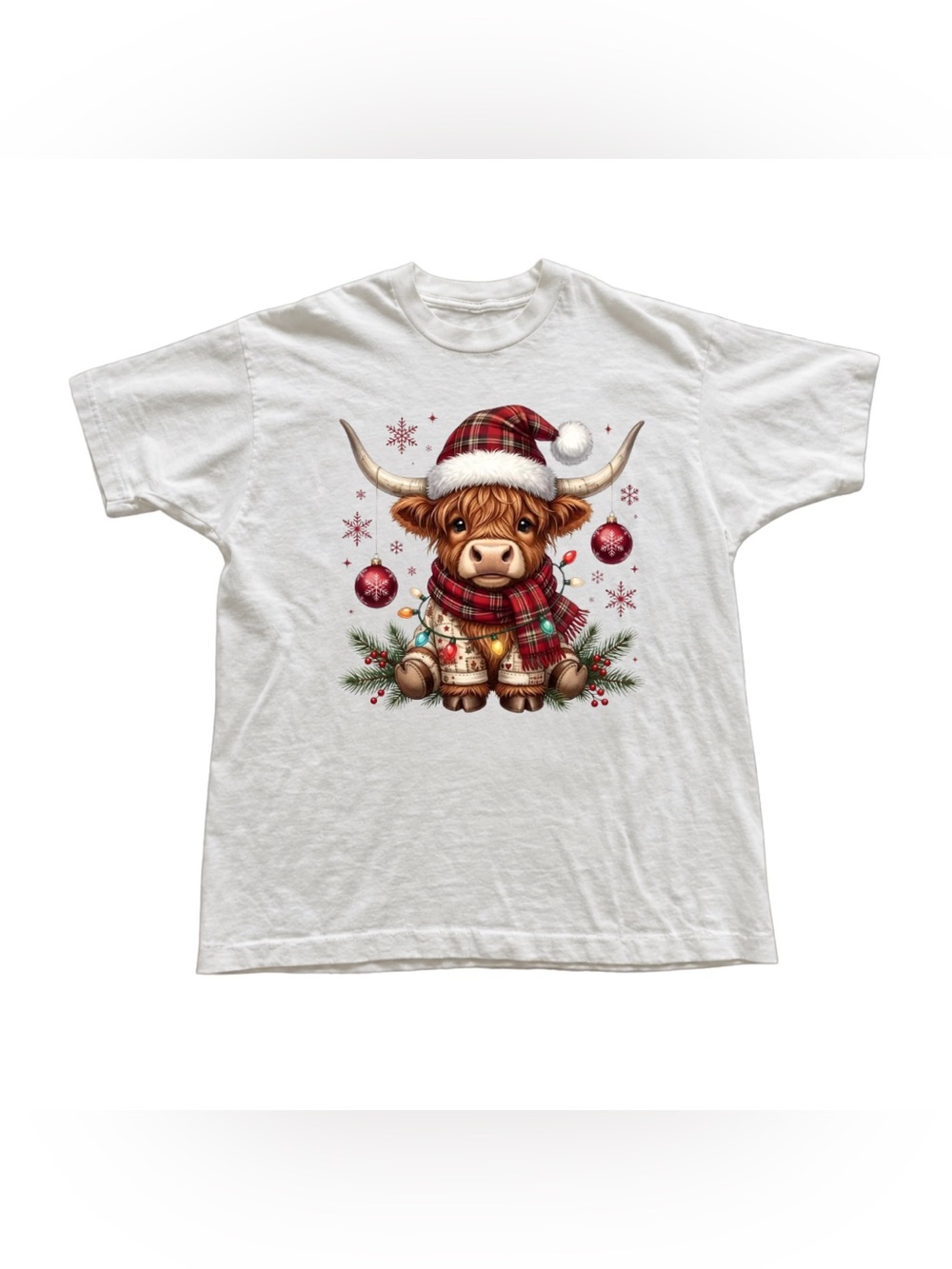 White Tee with Red Plaid Highland Cow Holiday Print